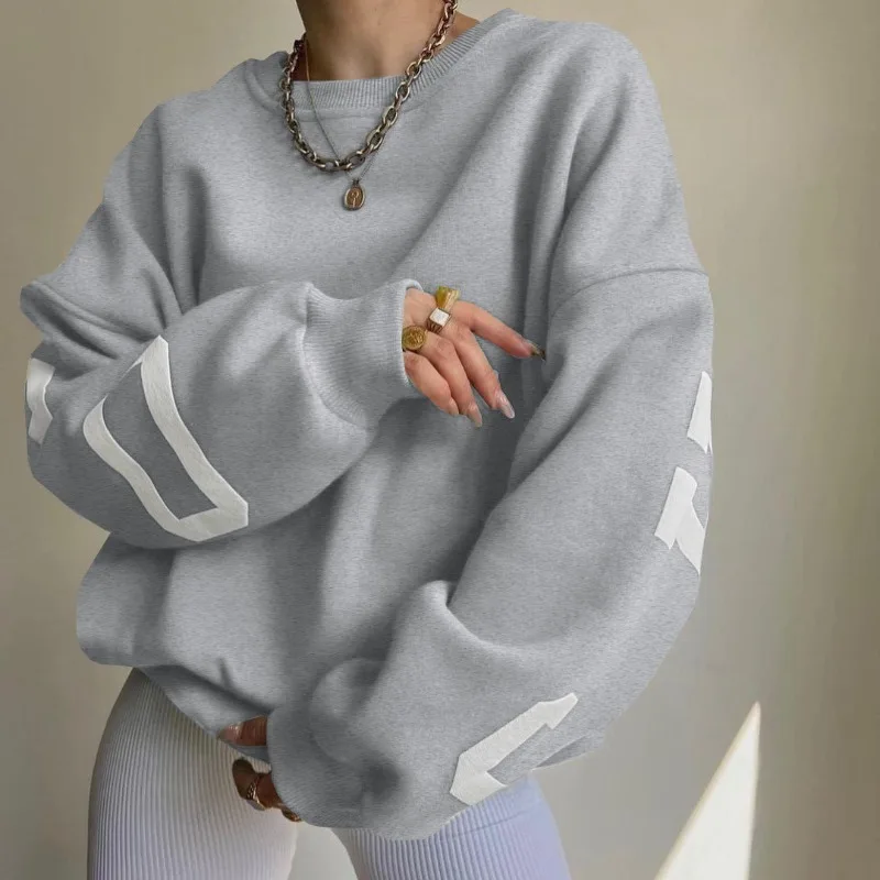 Spring and Autumn Women's Pullover Round Neck Letter Print Solid Screw Thread Long Sleeve Sports Sweater Fashion Loose Tops