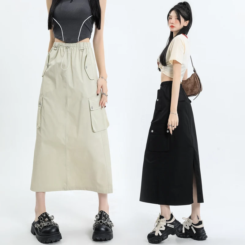 

Retro Drawstring Pockets Womens Skirts 2023 Summer New High Waist Slit A-line Long Skirts Woman Casual Cargo Skirt