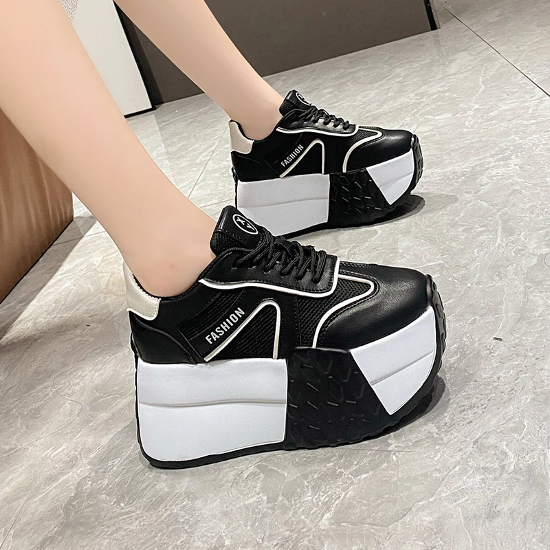 New Chunky Leather Women Casual Shoes 9CM High Platform Wedge Heels Sneakers Fashion Female Women Spring Autumn Skateboard Shoes