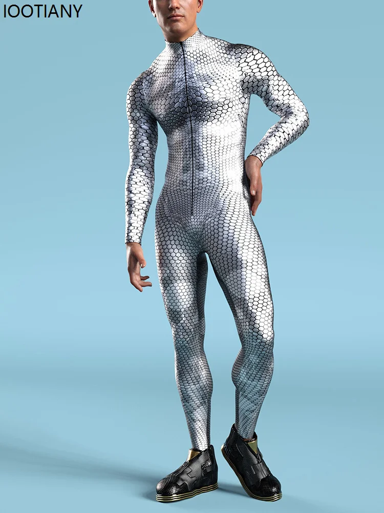 Cosplay Costume Men Snake Skin Print Jumpsuit Halloween Animal Zentai Suits Holiday Party Bodysuit Punk Masquerade Catsuits Rave Outfits