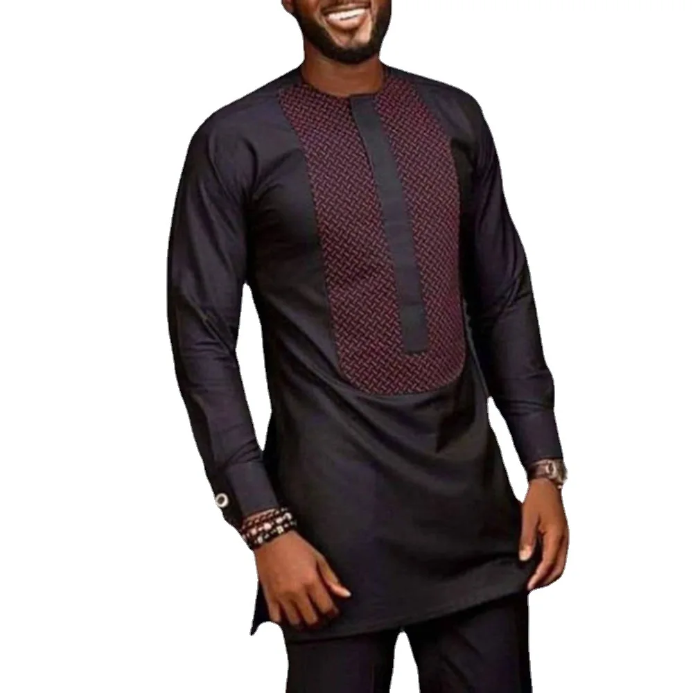 Printed Patchwork Shirt, Muslim Clothing, and Solid Color Pants for Men's Casual Set 2023 New African Ethnic Style Men's Set