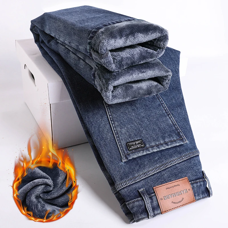 Image for Winter Fleece Thick Warm Jeans Men's Slim Straight 