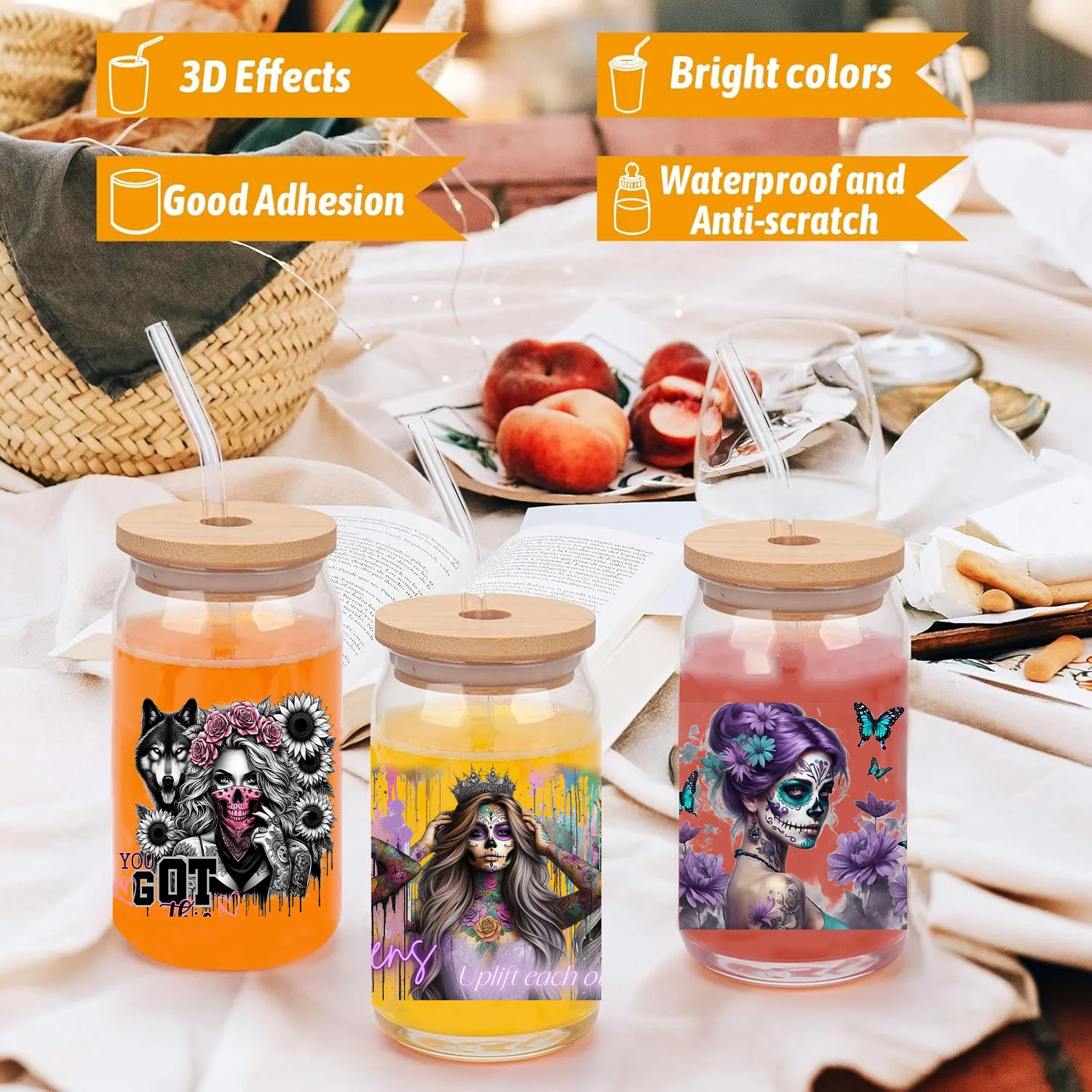 Fashion tattoo girl peel waterproof DIY Decals 3D transfers uvdtf crystal stickers 16oz uv dtf cup wraps for Libbey Glasses