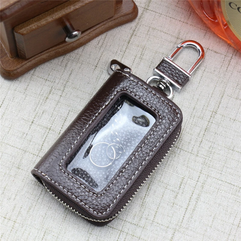 Leather Zipper Square Home Car Key Holder Transparent Window Key Bag Case Wallet Chain Women Home Car Organizer key case key case cover