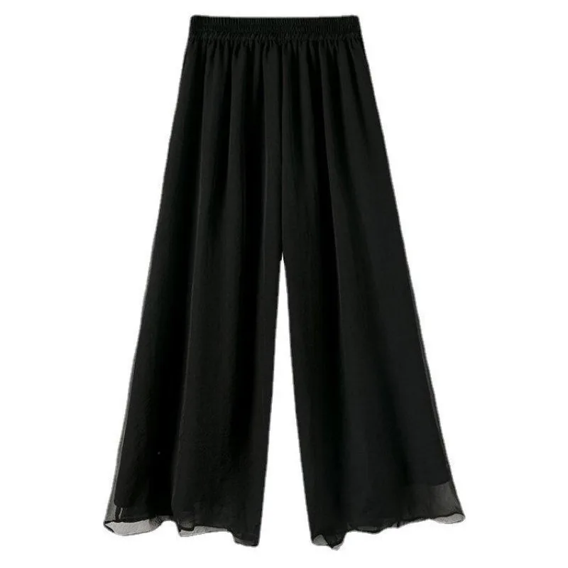 Double Layer Chiffon Wide Leg Pants for Women Summer New Elastic Waist Casual Thin Fairy Pants Loose Nine-point Pants
