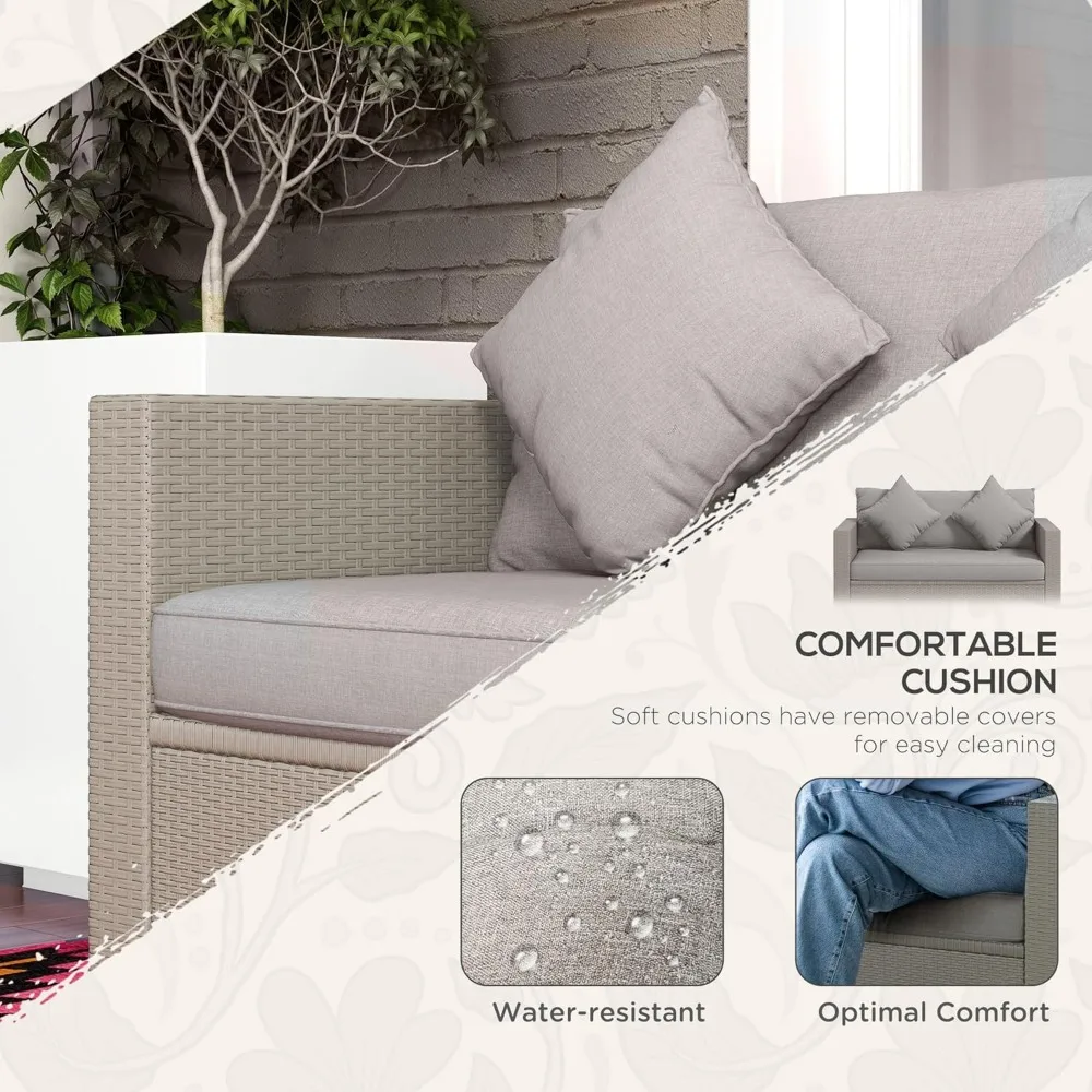 Patio Wicker Loveseat with Cushions, 2-Seat Outdoor PE Rattan Couch, Sofa with Throw Pillows for Porch, Backyard, Garde 4