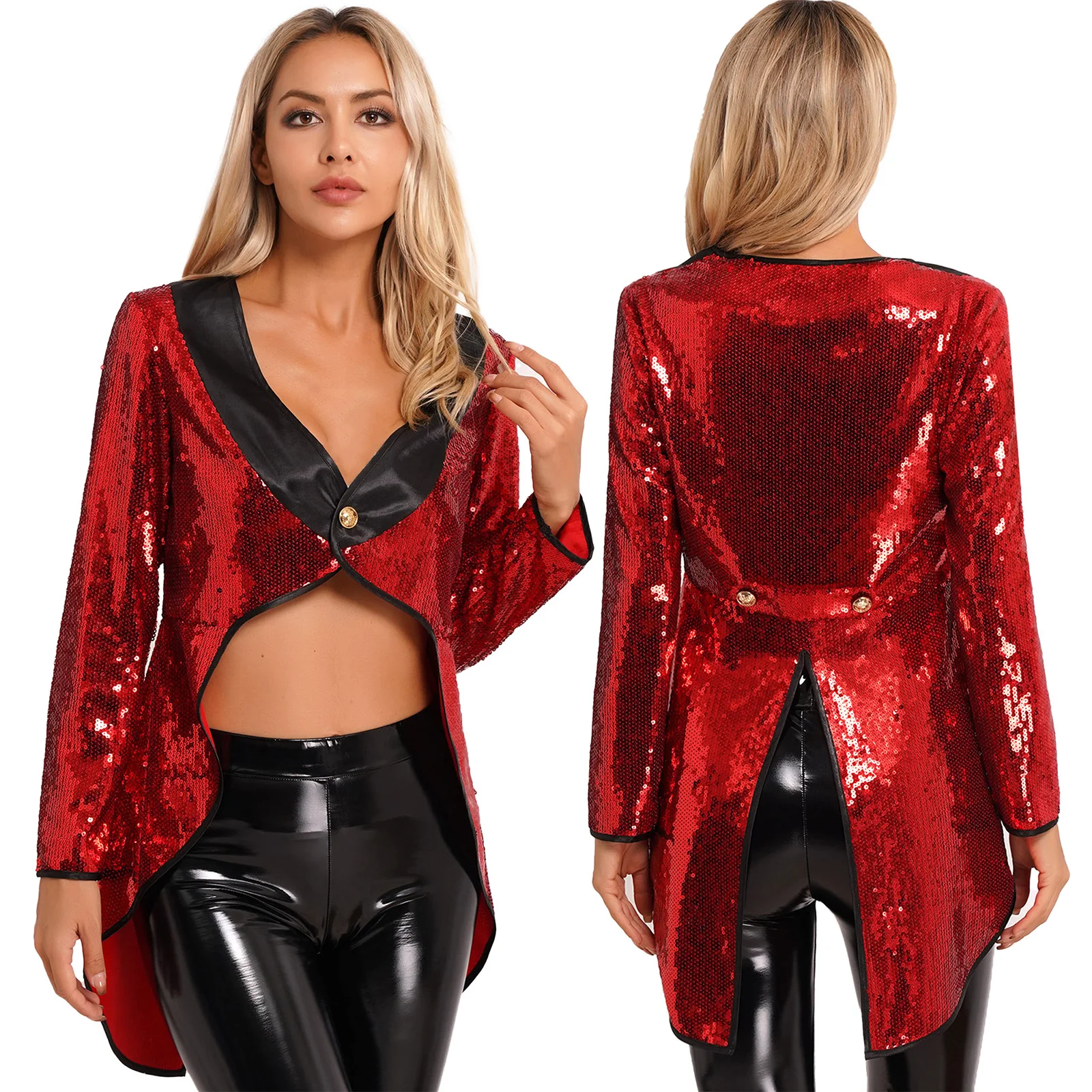 

Womens Circus Ringmaster Magician Showman Costume Party Cosplay Performance Tailcoat Jacket Sparkle Sequin One-Button Tuxedo