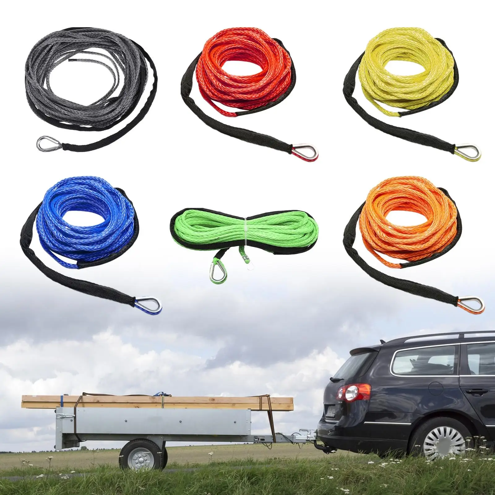 Tow Rope 15M with Sheath 7700lbs Synthetic Winch Rope for Boat SUV Car