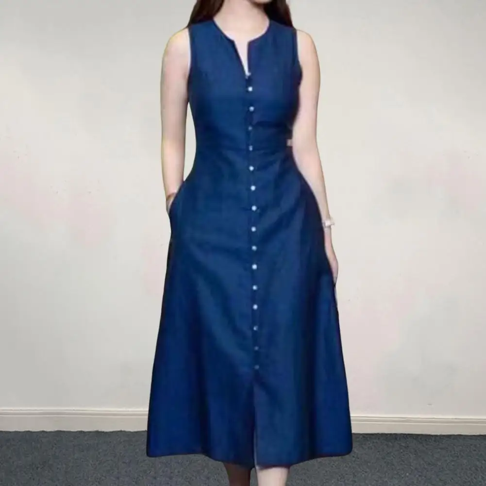 

Женское платье-миди без рукавов, с V-образным вырезом и пуговицами