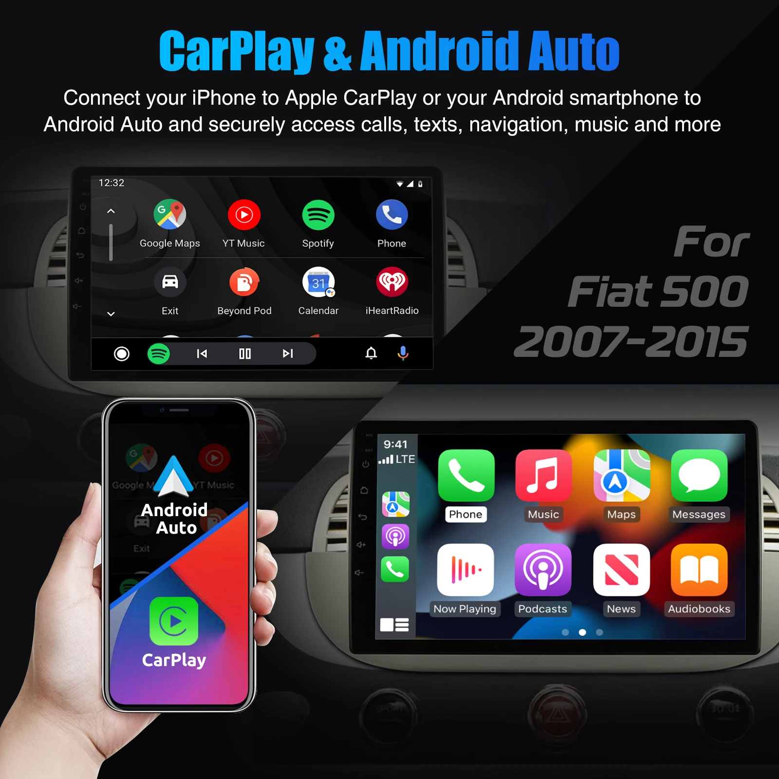 ESSGOO 2 DIN For Fiat 500 2007-2015 White 9" Apple Carplay Android auto Car Stereo Radio GPS WIFI SWC BT Mirror Link Android 14