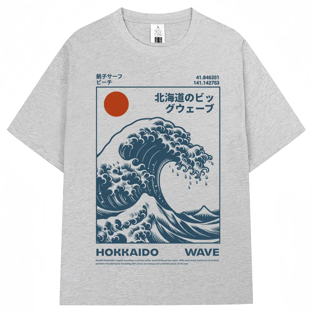 Vintage Japanese Hokkaido Wave Oversized Cotton Tee - Unisex Harajuku Fashion Summer T-Shirt