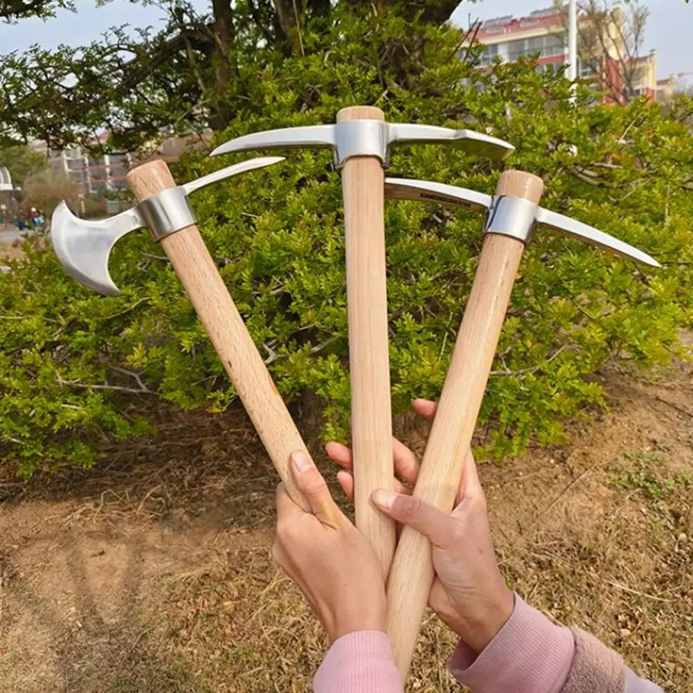 Ergonomic Pickaxe Comfortable Grip Stainless-Steel Double Headed Pickaxe Loosening Soil Digging Wooden Handle Mattock Hoe