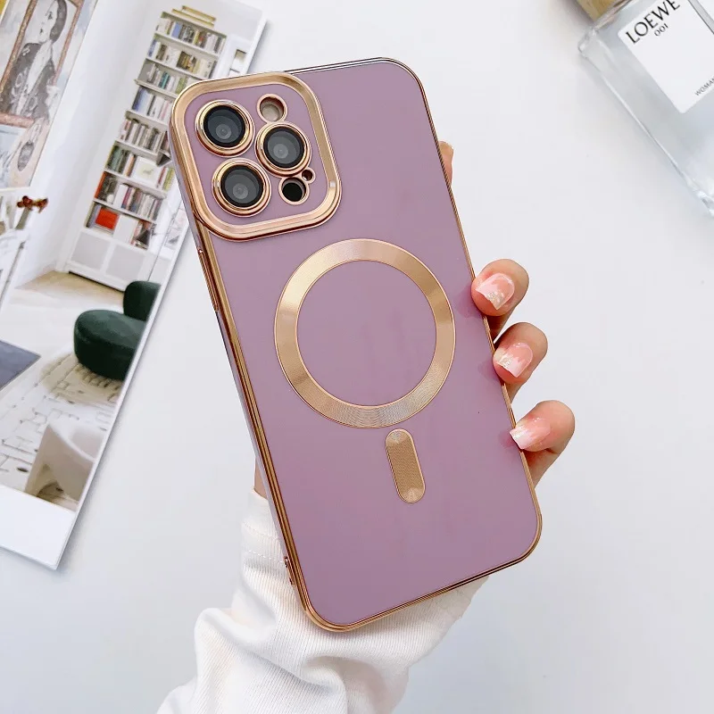 Plating Frame Phone Case iPhone 13 12 11 Pro Max 14 Plus For Magsafe Magnetic Wireless Charging Lens Protective_voghion.com