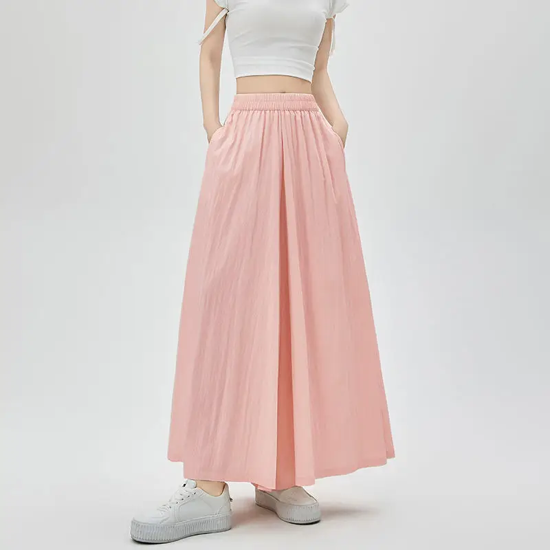 Summer New Fashion Lazy Wide Leg Pants Women's Elastic High Waist Patchwork Pockets Loose Casual Coolness Thin Straight Trousers