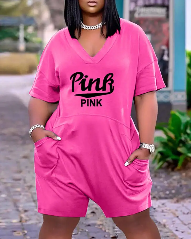 

Summer Playsuits Women Fashion Loose Letter Print Romper Africa Women Rompers Pocket Short Sleeve Playsuit Women's Clothing 2023