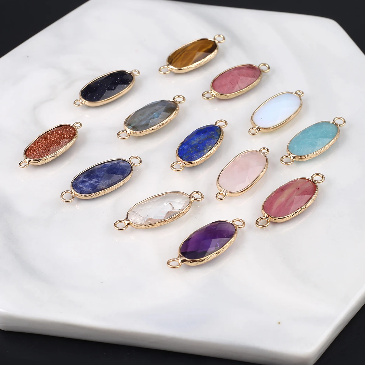 

6 PCS Wholesale Natural Amazonite Opal Rose Quartz Oval Shape Double Hole Connector Jewelry Making DIY Necklace Accessories