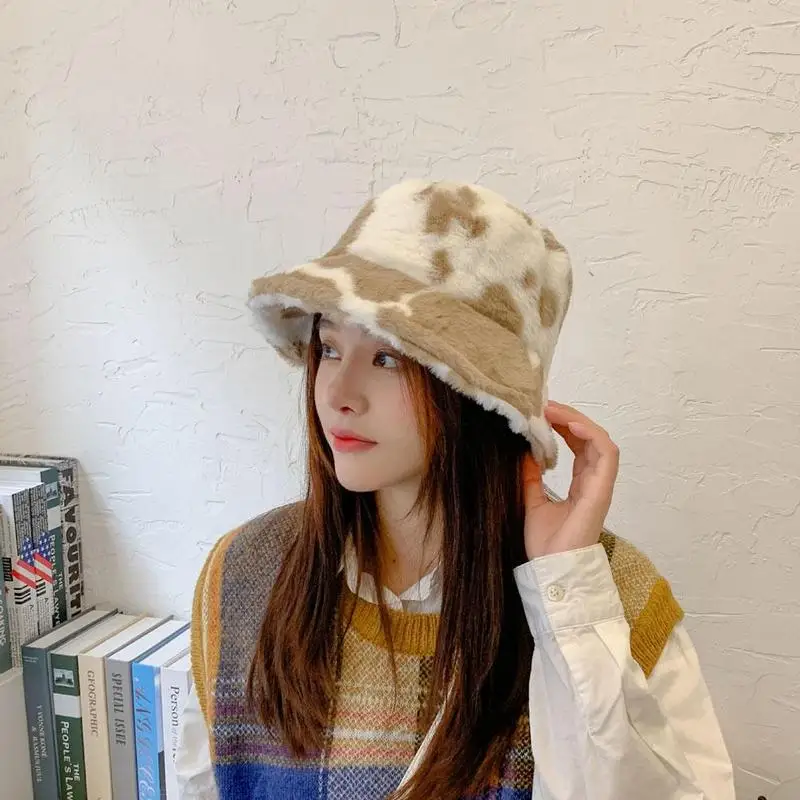 Fashion Winter Cow Print Women Bucket Hat Faux Fur Outdoor Lady Fisherman Fluffy Panama Warm Female Flat Cap Plush Furly U8k8 fisherman hat