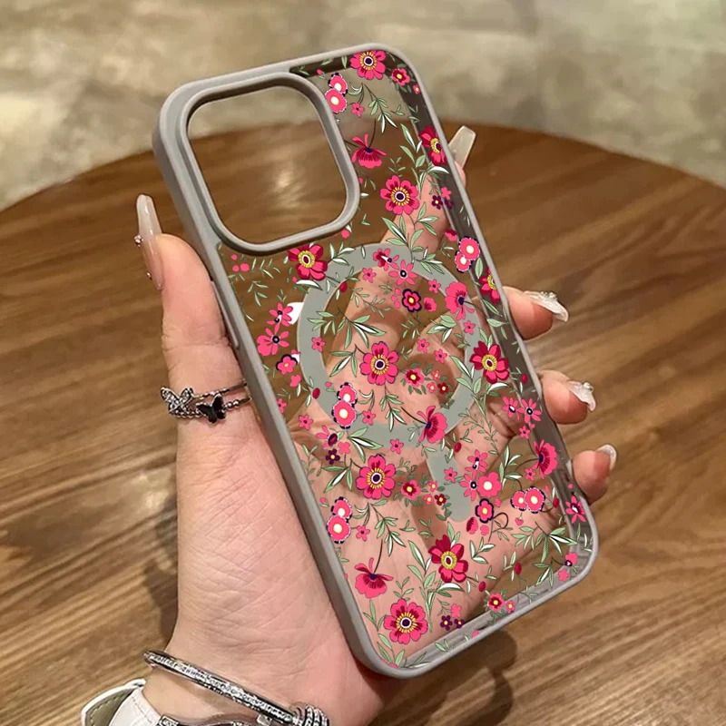 Magnetic Clear Phone Case with Green Leaf & Pink Floral Design