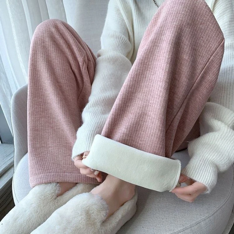 

Imitation Cashmere Knitted Wide Leg Pants for Women's Winter Plush High Waisted Loose Drape Straight Leg Mop Pants