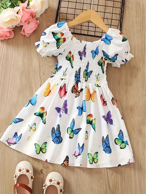 Vêtements pour enfants Robe à imprimé papillon vibrant pour filles Convient pour 1-8 ans Vêtements d'été pour enfants Jupe papillon colorée blanche 1