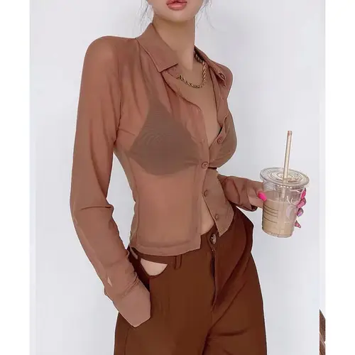 여성용 섹시한 시스루 긴팔 블라우스, 단색 턴다운 칼라 셔츠, S-2XL 상의, 여름 가을 4