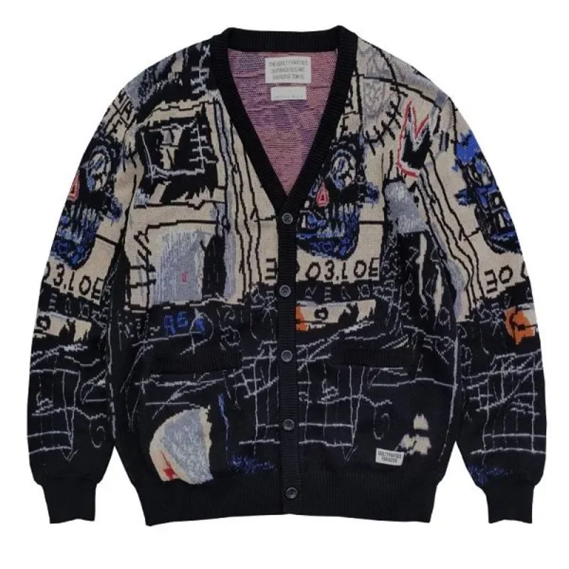 

High quality 1:1 V-Neck Full Graffiti Jacquard WACKO MARIA Cardigan Men Women Knitted Sweater Coat Inside Tag