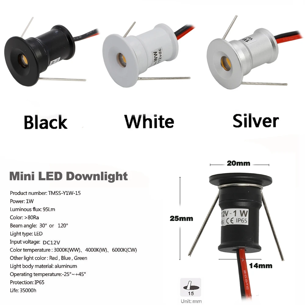 Mini Spot Lumineux LED Encastrable, Conforme à la Norme IP65, Idéal pour un Plafond, des Escaliers ou des Armoires, 15mm, 1W, 12V, 110/220V