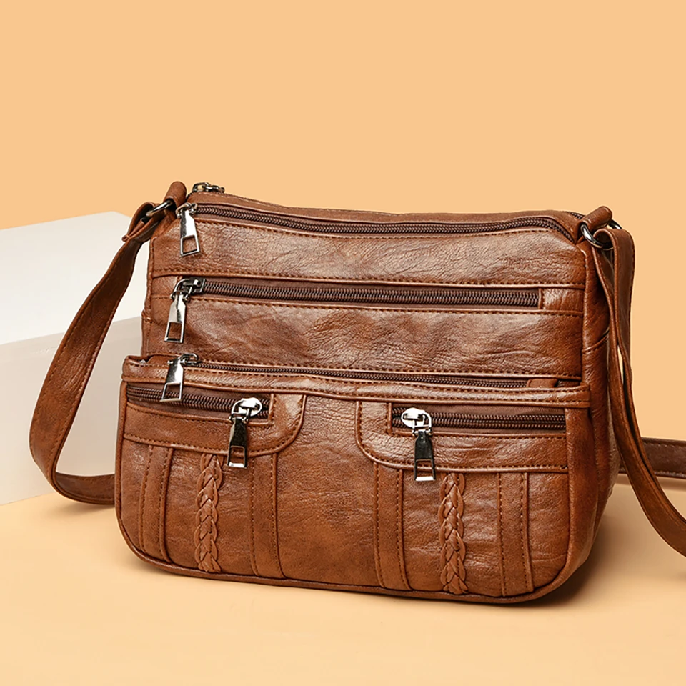 Brown Genuine Leather Crossbody Bag with Multiple Pockets