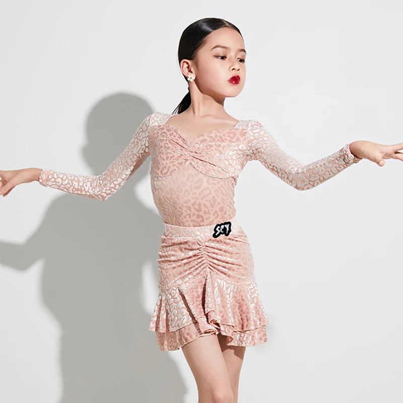

Girls Pink Leopard Latin Dance Dress Rumba Tango Dancing Stage Costume Kids Pracitce Wear Two-Piece Cha Cha Dancewear VDB7554