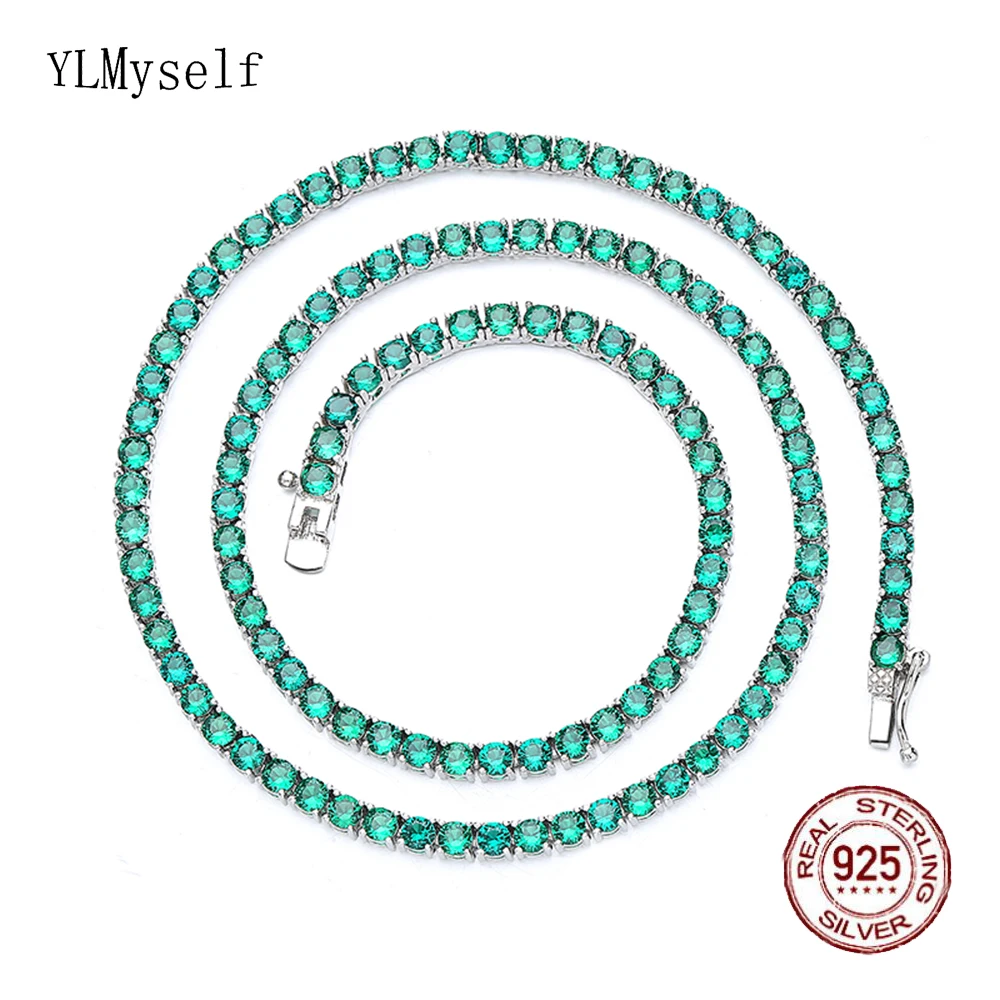 16-24 Inch (41-60 cm) Solid Real 925 Sterling Silver Tennis Choker Necklace Pave 3 mm Emerald Green Zircon Fine Jewelry Necklace