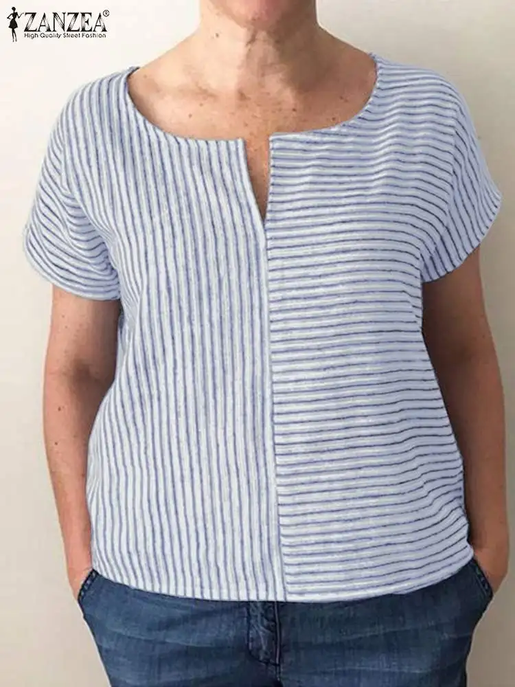 

2023 ZANZEA Bohemian Stripe Printed Blouse Summer Casual Tunic Tops Woman Fashion Short Sleeve Blusas Female O-Neck Loose Shirt