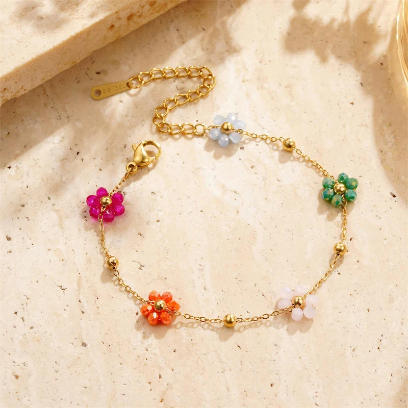 Gold Plated Stainless Steel Waterproof jewelry sets Colorful Artificial Crystal Flower Chain for Women Gift