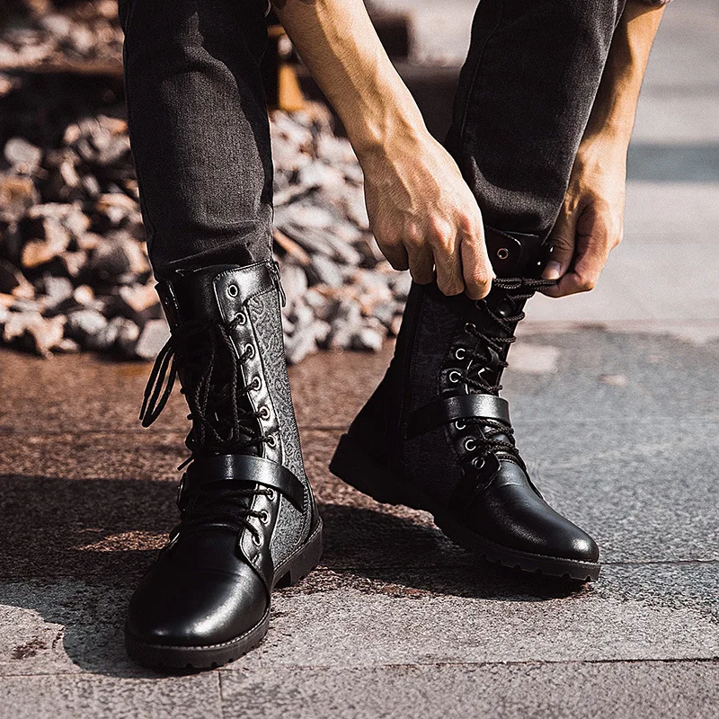 Mens Leather Boots Retro Mid-Carf Punk Boots 2025 Winter Men's Plus Velvet Motorcycle Boots All-match Tooling Shoes Denim Mid-high Army Men Motorcycle Leather Boots
