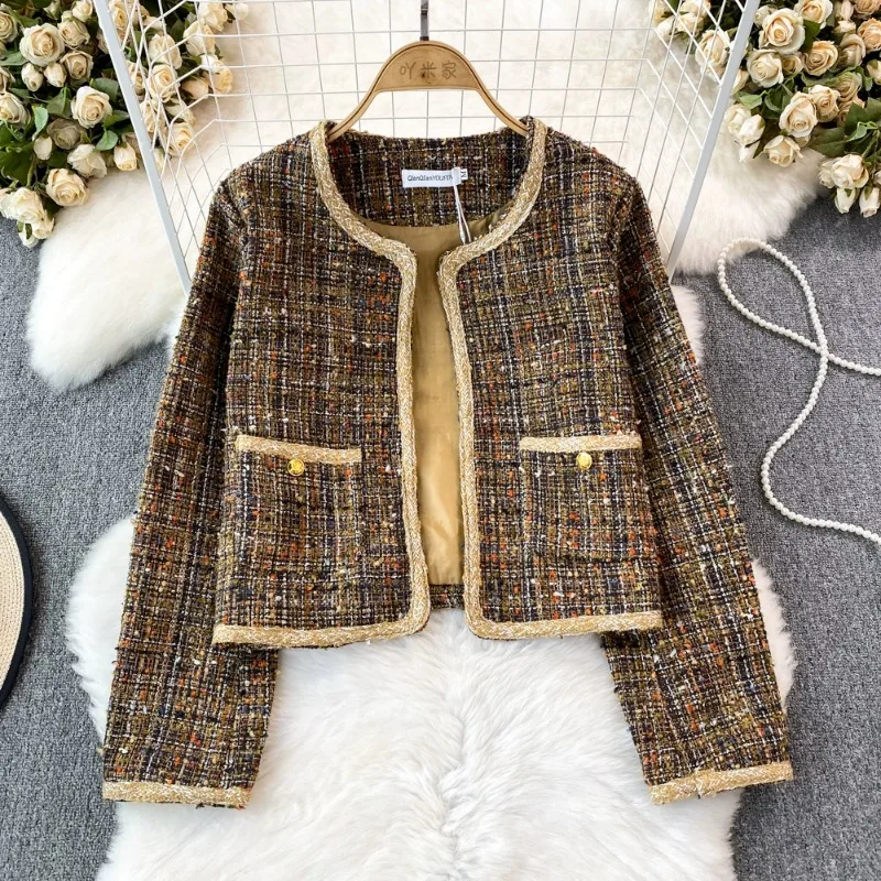 

All Match Contrast Color Tweed Weave Jacket Chic Open Stich High Grade Age Reducing Coat Autumn Winter Y2k Aesthetic Chaquetas