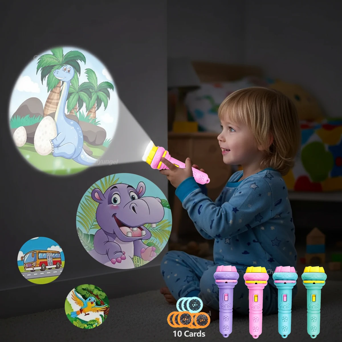 Lampe de poche projecteur pour enfants, 10 cartes, 80 modèles, jouets pour le coucher, lumière de dessin animé, jouet éducatif, cadeau pour tout-petits garçons et filles