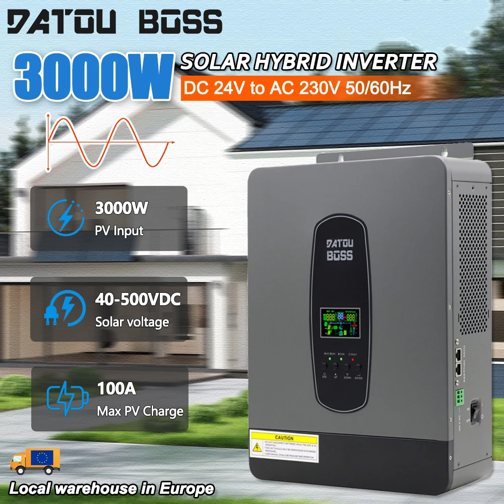 DATOUBOSS 3000W Hybrid-Wechselrichter – Reine Sinuswelle, 24V DC Auf 230V AC, Mit 100A MPPT Solarladeregler – Für Blei-Säure & Lithium – Mit LCD-Display