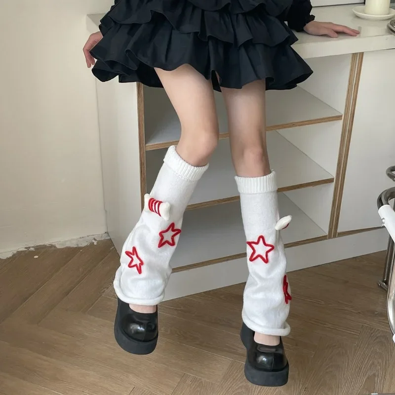 

Jk Lolita Cute Bone Pentagram Leg Warmers Women Punk Harajuku Five-pointed Star Long Cable Knee High Sock Flared Y2k Accessories