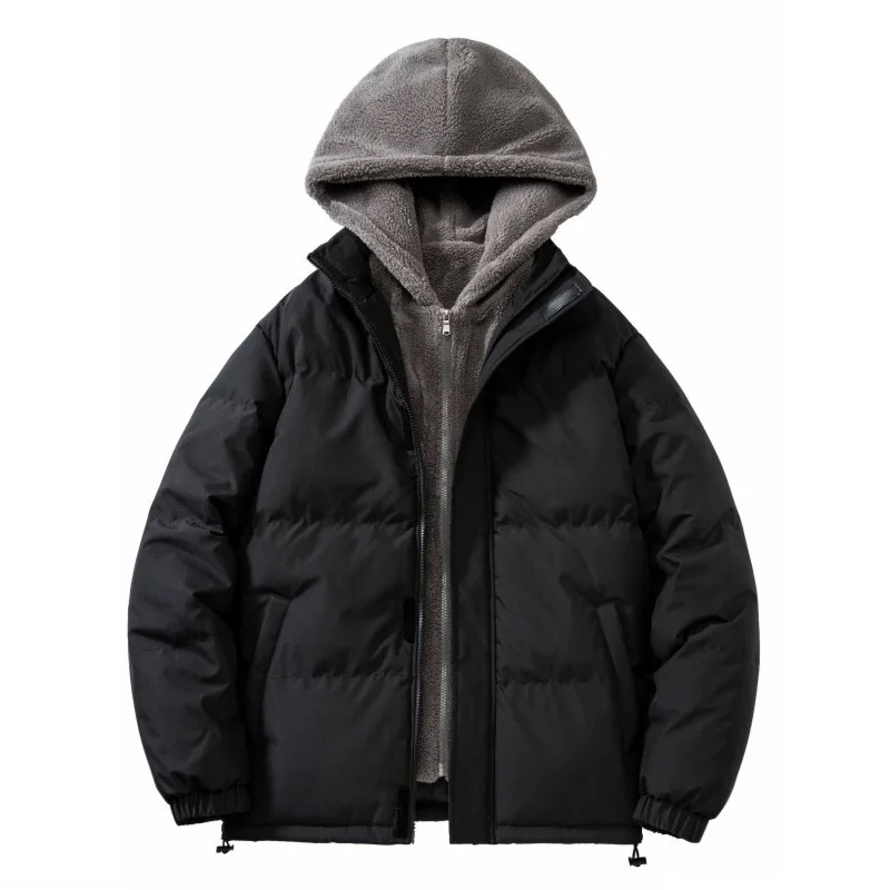 Winter Men's Hooded Fake Two-piece Down Cotton Jacket Fashion Casual Oversized Loose Fitting Thickened Warm Cotton Jacket