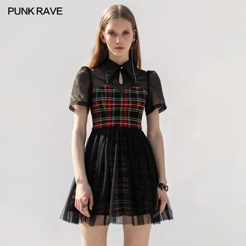 

PUNK RAVE Women's Gothic Daily Lace Organza Spliced Plaid Short Sleeve Dress A-Line Sexy Perspective Casual Girl