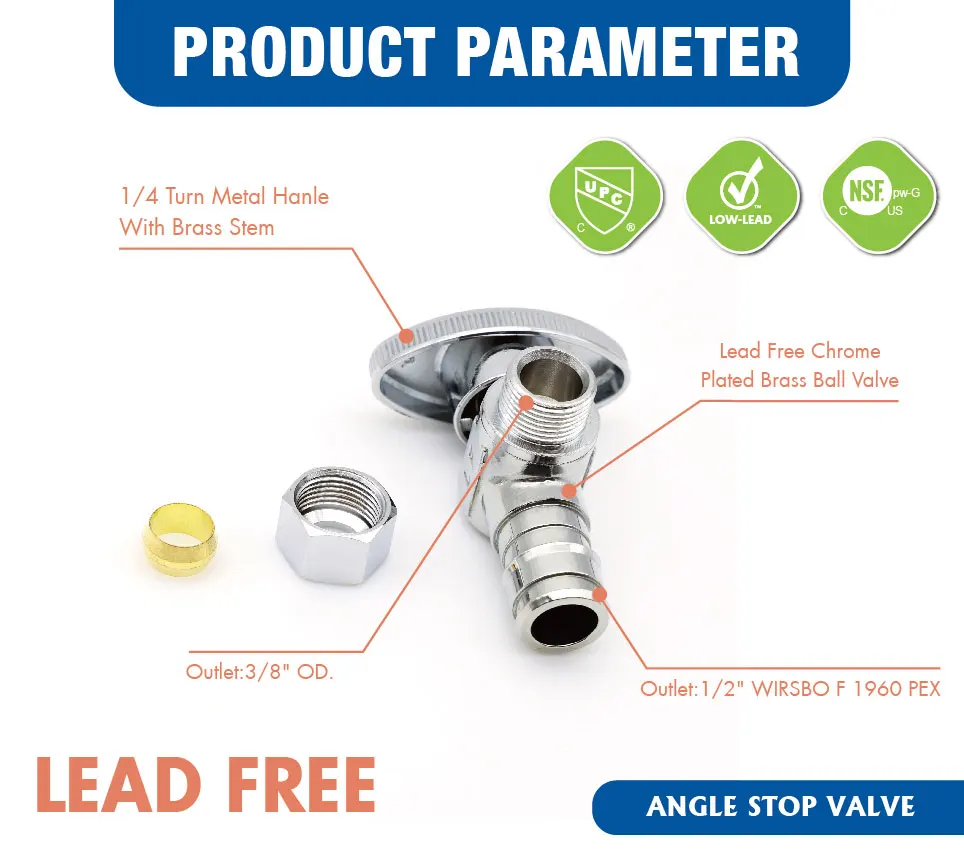 KING SMART PEX A/F1960/Wisbo PEX 1/2" * 3/8"OD 1/4 Turn Angle Stop Valve; 8Pcs/Case; 80408