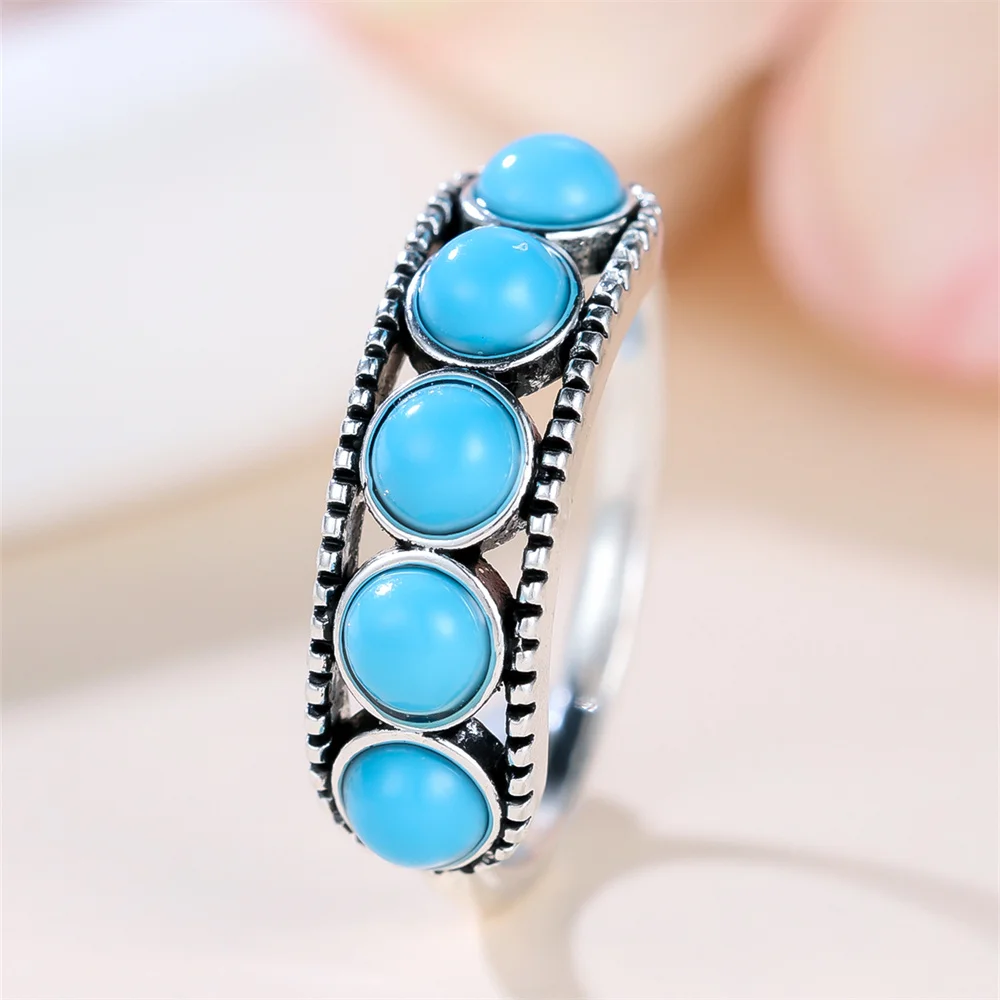 Single Row Blue Round Stone Simulated Turquoise Rings For Women Vintage Silver Color Ring Wedding Jewelry Bridal Versatile Gifts