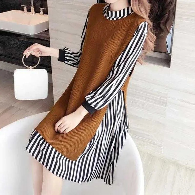 

Fashion Korean Striped Spliced Dresses Women's Clothing Autumn Winter Elegant Loose Female Stand Collar Two Piece Set Dress