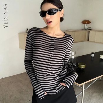 Yedinas Streetwear Striped Women's T-shirt Long Sleeve Korean Fashion Elegant Tees Female Clothing Lady Office Autumn Tops Chic