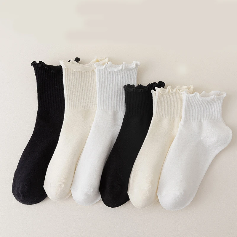 여성용 부드러운 통기성 크루용 발목 양말, 봄 가을 프릴 블랙 화이트 패션, 여성 중간 튜브 양말, 3 켤레