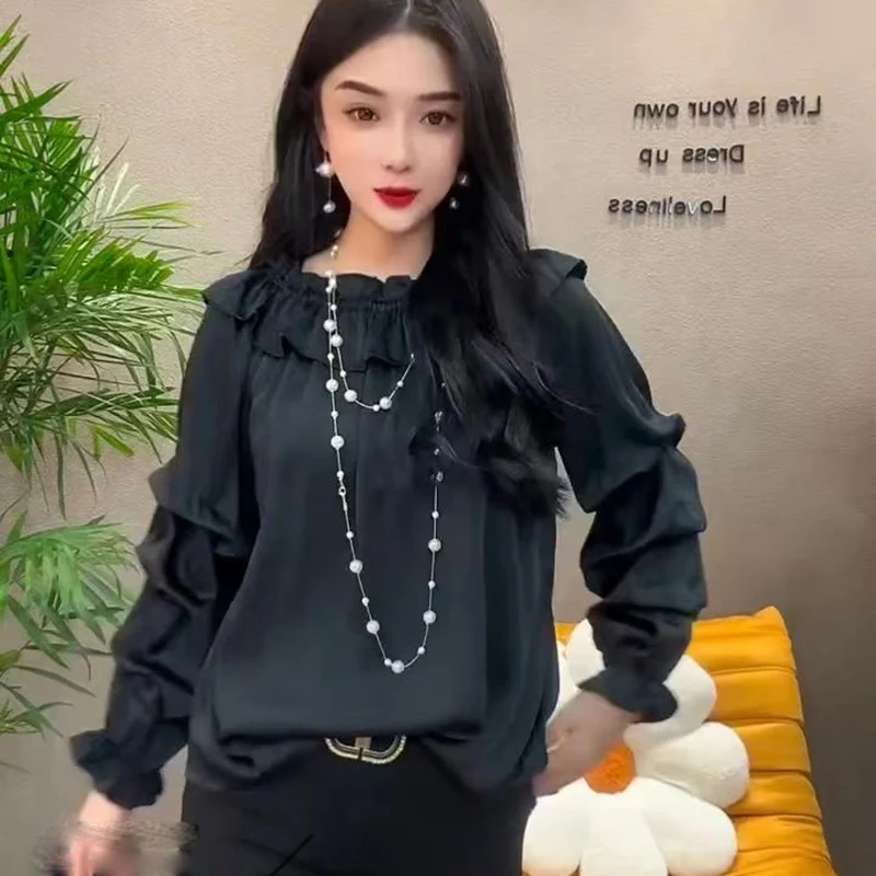 Elegant Ruffled Neck Solid Color Puff Sleeve Blouses Women's Clothing 2023 Autumn Winter Loose Casual Tops Office Lady Shirts