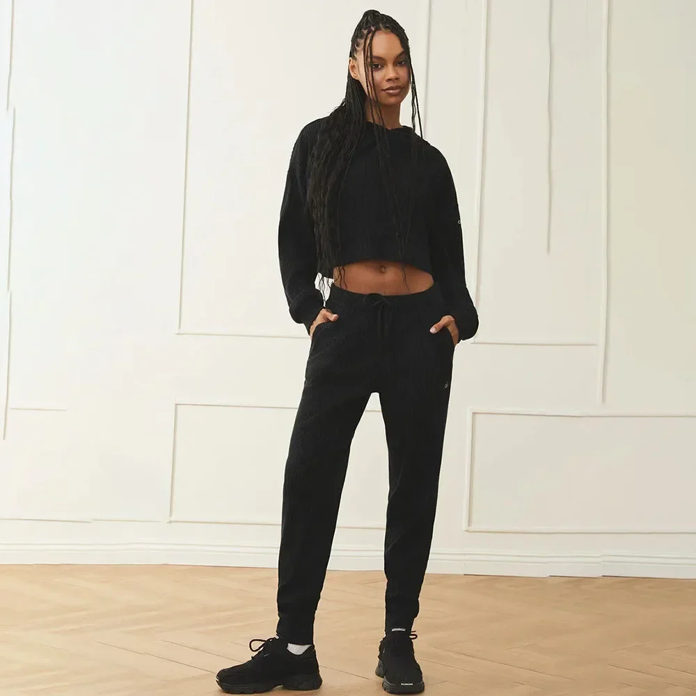 

AL Sweat Shirt Loose Women's Muse Hooded Muse Sweat Pant Short Side Split Top Yoga Ribbed Workout Suit Women's Yoga Sets