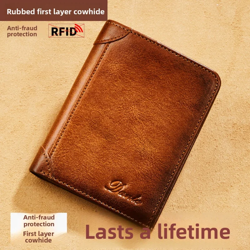 Men's Genuine Leather RFID Blocking Vertical Tri Fold Vintage First Layer Cowhide Wallet