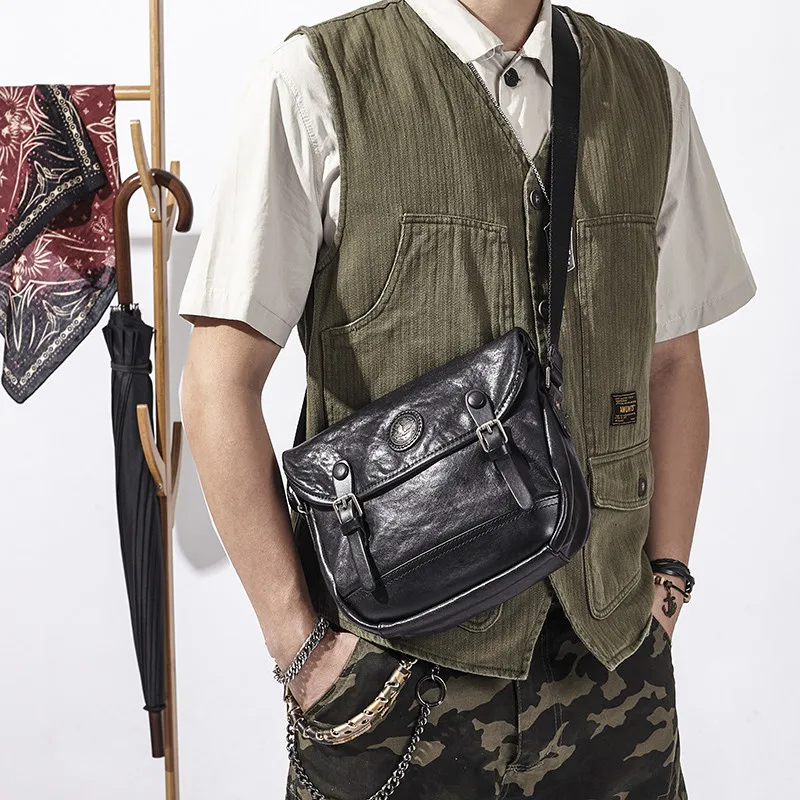 Fashion designer genuine leather men's black crossbody bag outdoor casual luxury real cowhide youth travel rivet shoulder bag