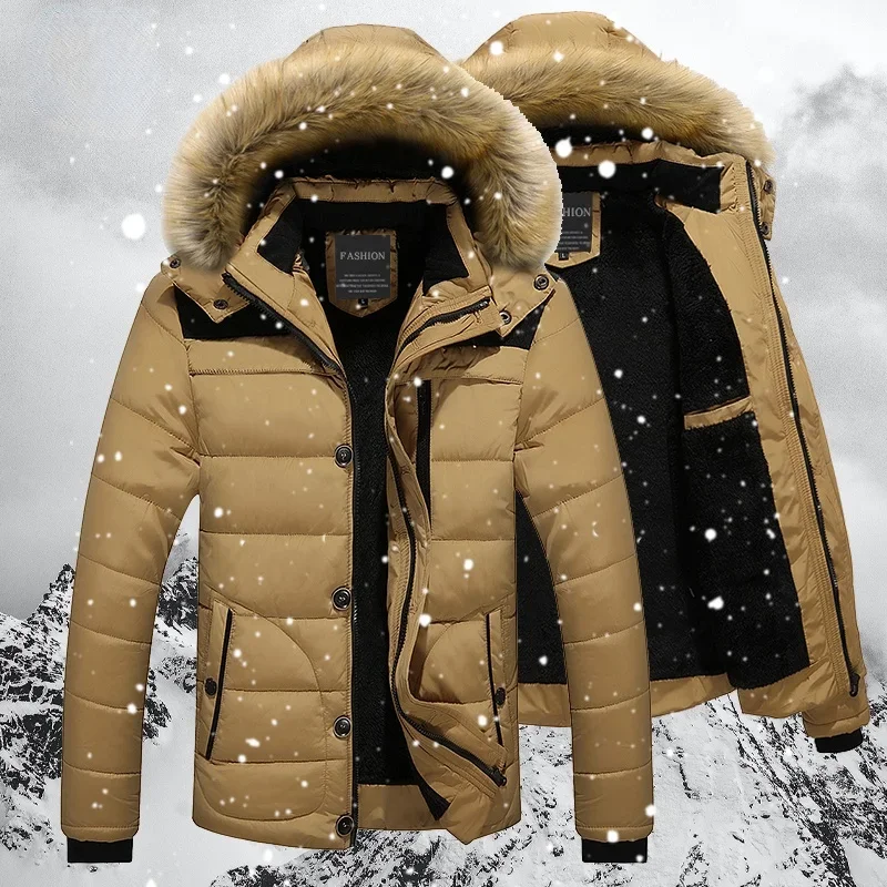 

2024 Men Winter Jacket Coats Fur Collar Hooded Parka Down Jackets Outerwear Thick Mens Warm Overcoat Wool Liner Coat Plus Size