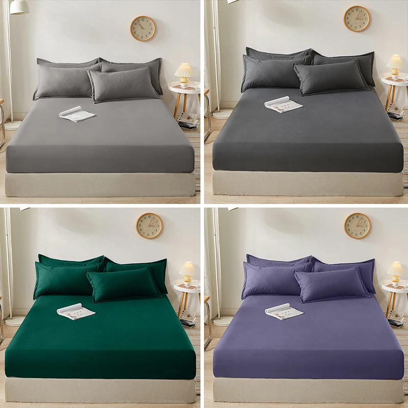 Fitted Bed Sheet With Elastic Band Solid Color Mattress Covers Protector For Single Double King Bed Cotton 150/160/180x200